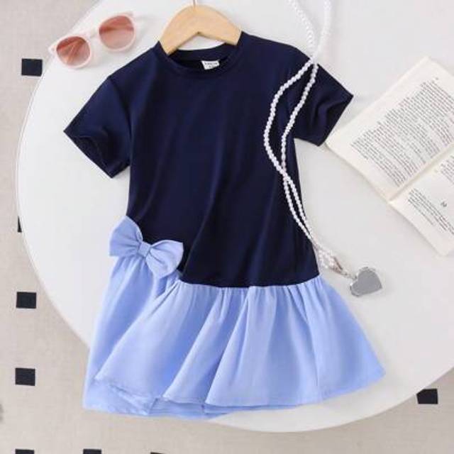 SHEIN Young Young Girl Blue Comfy Round Neck Short Sleeve Patchwork Cute Casual Academy Style Bowknot Decor Dress