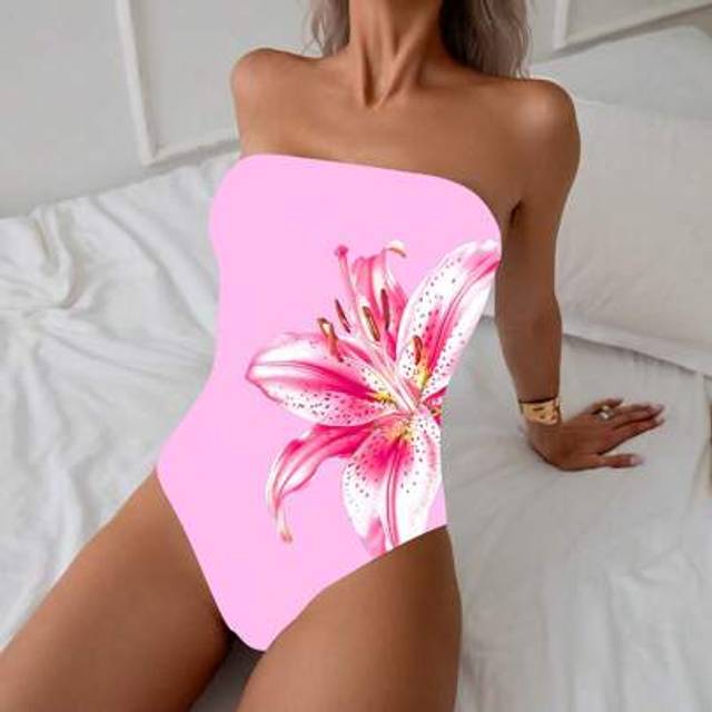 SHEIN Women Summer Sexy One-Piece Solid Color Bandeau One-Piece Swimsuit