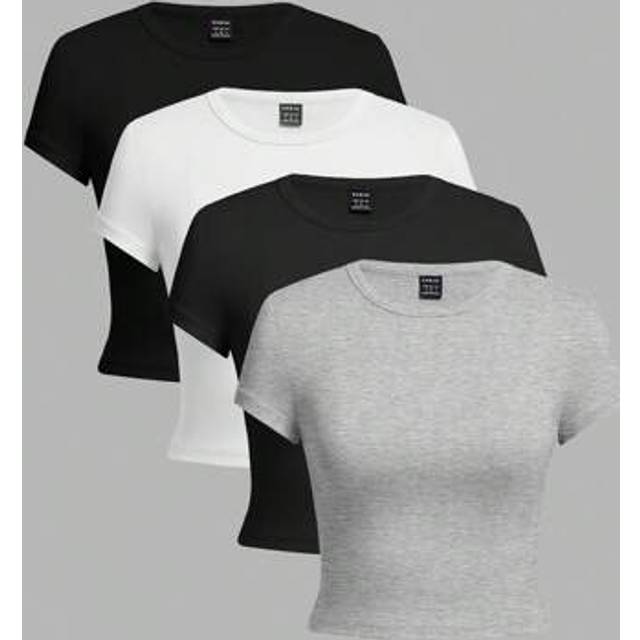 SHEIN 4pcs Black White Floral Print Grey Casual Crew Neck Short Sleeve Tight Fit Women&#39;s T-Shirts, Suitable For Summer Multipack Topspack Of Topsbasic Topsf