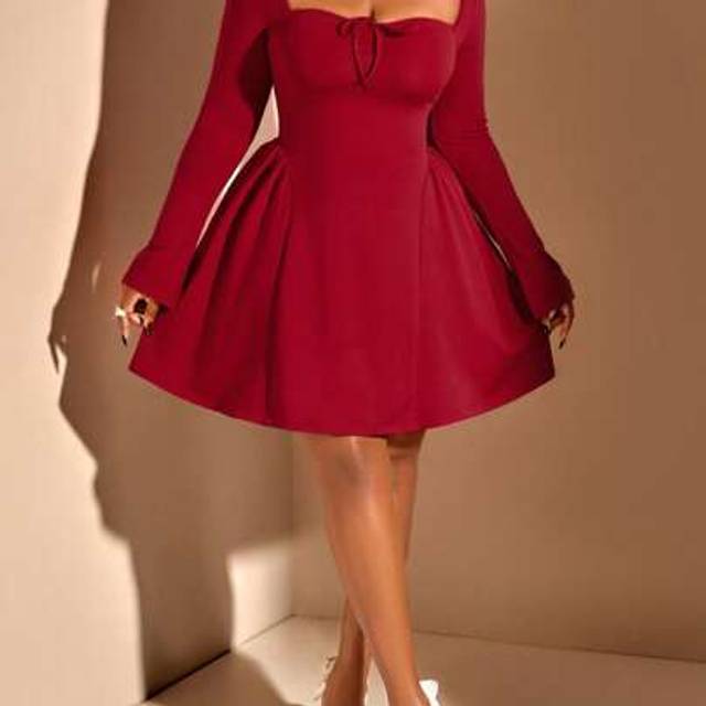 SHEIN Plus Size Chest Pleated Bow-Knot Long Sleeve Ruffle Hem Short Elegant Party Dress,Wedding Guast,Graduation Party,Wedding Evening Party,Birthday Party,
