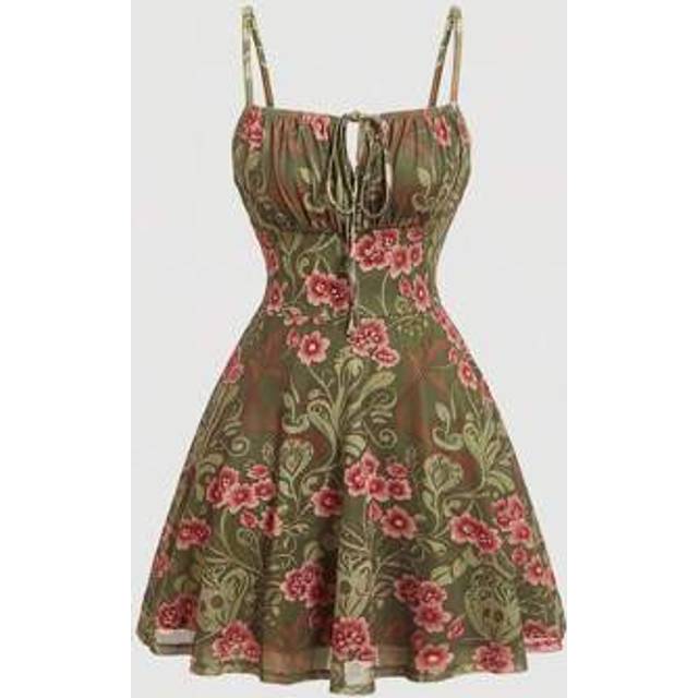 SHEIN Vintage Floral Print Mini Slip Dress,Graduation Outfit,Casual Women Outfits,90s Outfit,Renaissance Dress,Country Concert Outfit,Women Flower Dresses,S
