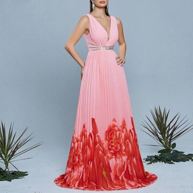 SHEIN Mgiacy,New Arrival,V Neck,Sequin,Ribbon,Romantic,Chiffon,Printed,Bridesmaid Dress,Sunray Pleated,Long Dress