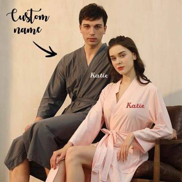 SHEIN 1PC Embroidered Personalized Same Style For Men And Women Bathrobe, Simple Long Bathrobe, Solid Color Long Robe For Home, Soft Bathrobe Long Sleeve V