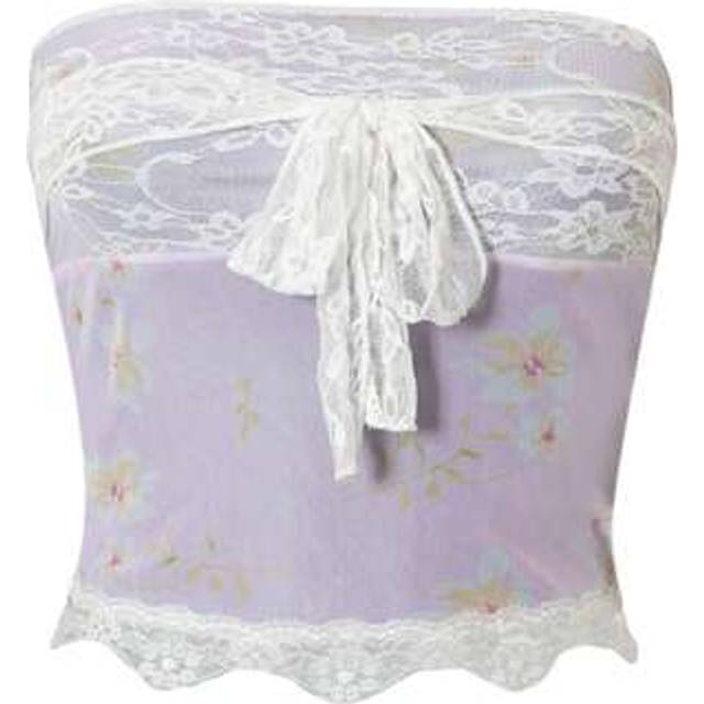 SHEIN Women Summer Tube Tops, Flower Print Lace Patchwork Strapless Off Shoulder Cropped Tank Tops Slim Backless Vest