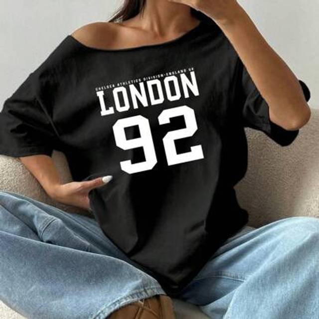 Flirla Women&#39;s Letter Print Off-Shoulder Short Sleeve Casual Loose T-Shirt Graphic Tees Women Tops
