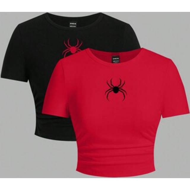 SHEIN 2pcs Set Casual Minimalist Spider Graphic Round Neck Long Sleeve Cropped Fitted Women T-Shirts, Suitable For Summer