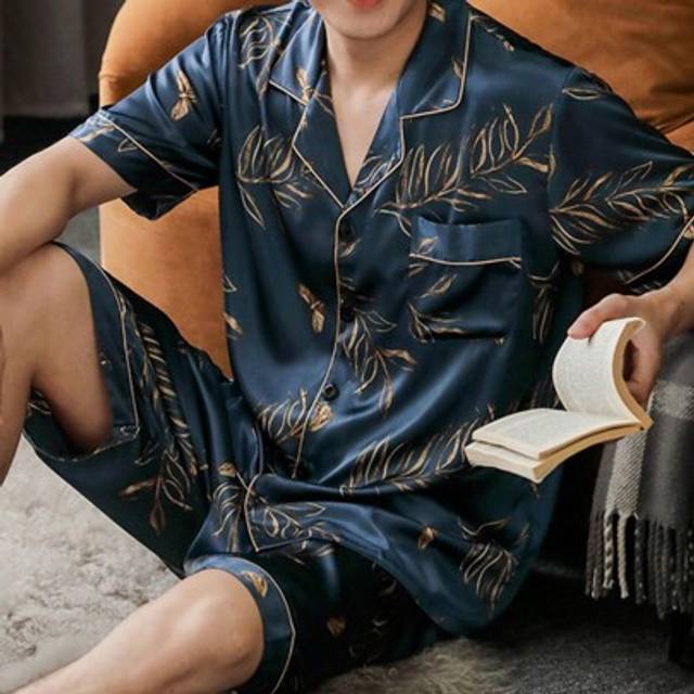 SHEIN Two Pieces Sets For Men&#39;s Pajamas Spring And Summer Short Sleeved Shorts Leaf Pattern Printed Home Clothes Sleepwear Set