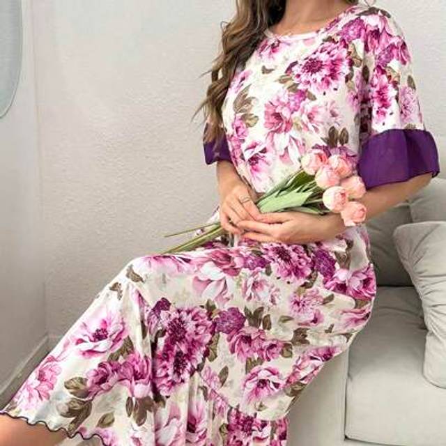 SHEIN Contrast Color Ruffle Trim Floral Print Long Nightgown Babydoll Holiday Season, Vacation