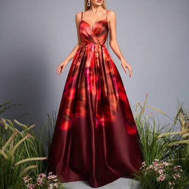 SHEIN Mgiacy-Floral New French Style V Neck Tank Noble Bridesmaid Dress Halo Dyeing Print Crimping Satin A-Line Dress