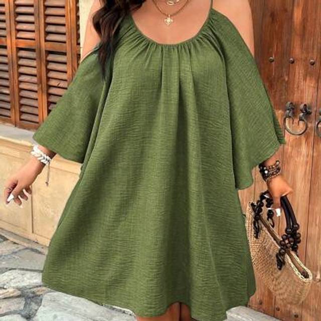 SHEIN Plus Size V-Neck Cinched Waist Pleated Slit Flared 3/4 Sleeve Casual A-Line Midi Dress Women Women Dresses Birthday Women Plus Sun Dress Women Short D