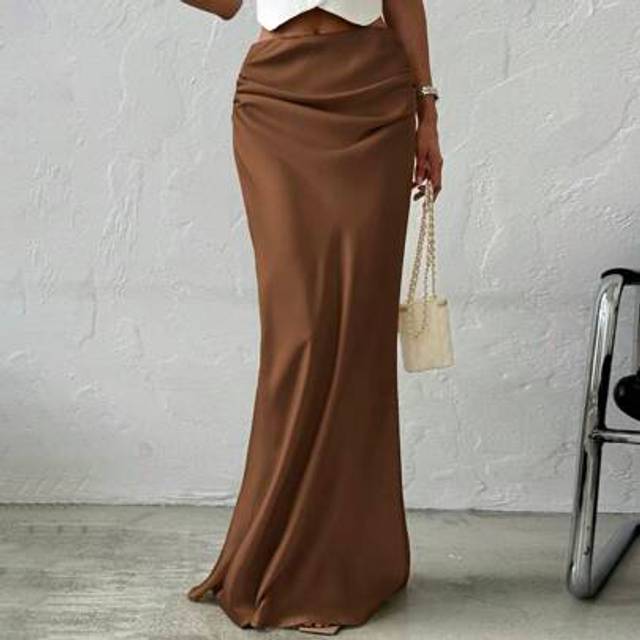 Firerie Women&#39;s Elegant Minimalist Romantic Date/Office Versatile Solid Color Satin Maxi Skirt, Apricot, Autumn/Winter