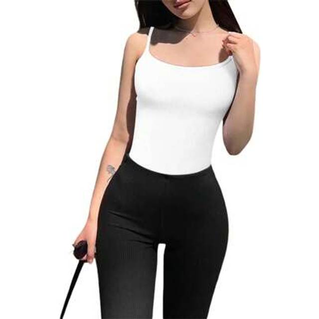SHEIN Women&#39;s Ribbed Bodysuits Sleeveless Scoop Neck Solid Color Shapewear Leotard Cami Tops