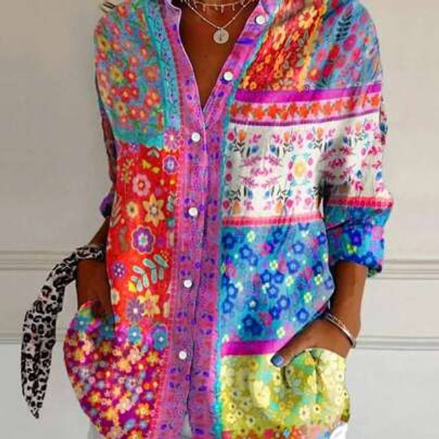 SHEIN Women&#39;s Casual/Office Shirt, Bohemian Geometric Print Long Sleeve Blouse