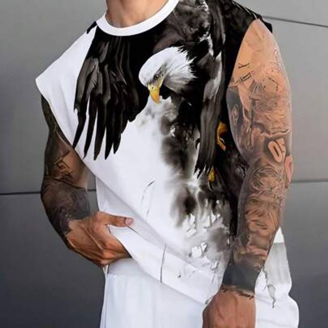 SHEIN Men&#39;s Cartoon Eagle Print Tank Top, Casual Holiday T-Shirt Suitable For Outings And Streetwear