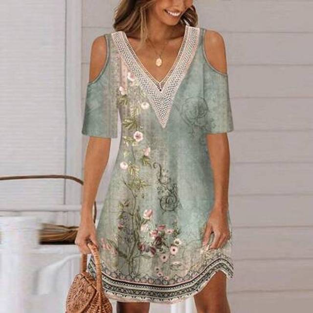SHEIN Women Print Floral Cold Shoulder V Neck Mini Dress Ladies Summer Boho Holiday Beach Casual Loose Swing Sun Dresses