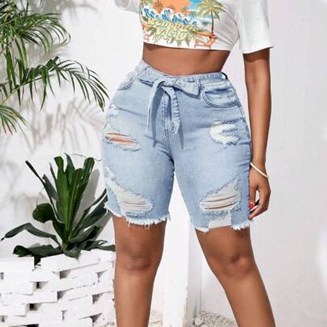 SHEIN Blue Plus Size Denim Shorts Ripped Skinny Denim Shorts Comes With A Belt Versatile Summer Jeans,Curve Plus ,Hoho Vacation