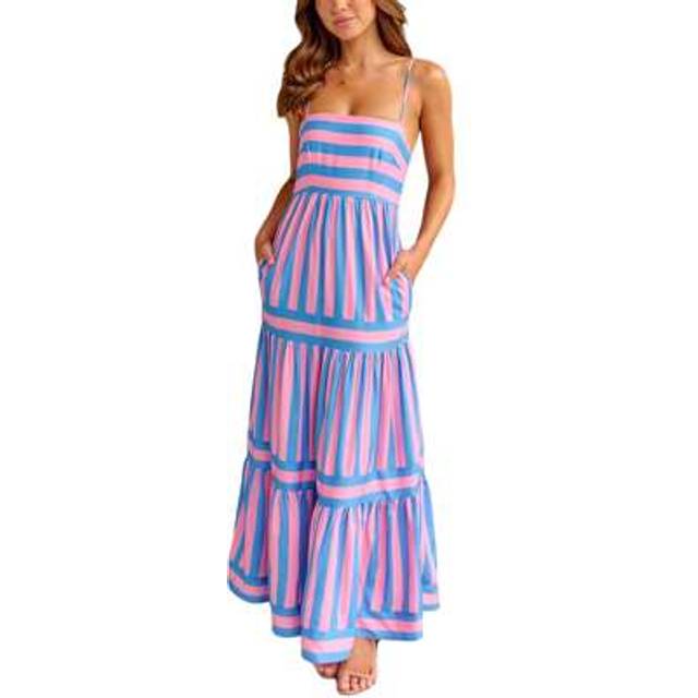 SHEIN Women&#39;s Summer Long Tiered Dress Sleeveless Spaghetti Strap Square Neck Striped Print Sundress Midi Slip Dresses Daily Streetwear