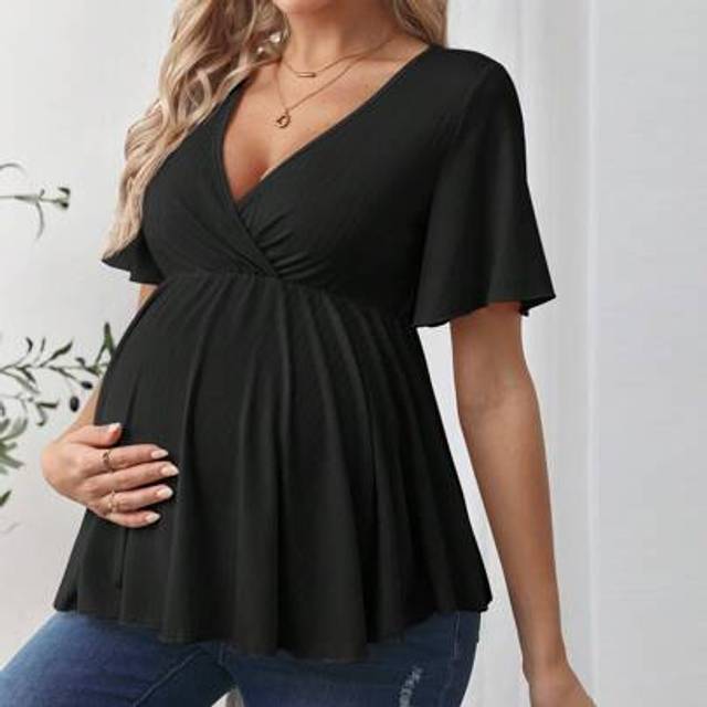 SHEIN Pregnant Women&#39;s Solid Deep V-Neck Crisscross Wrap Front Short Sleeve T-Shirt, Suitable For Summer