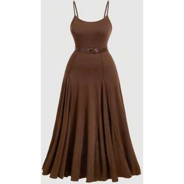 SHEIN Plus Size Women Brown Long Dress With Belt,Extra Long Brown Dress With Belt,  Dress,Holiday Outfits,Outfit,Boho,Long Dress,Sundress,Western Women Outf