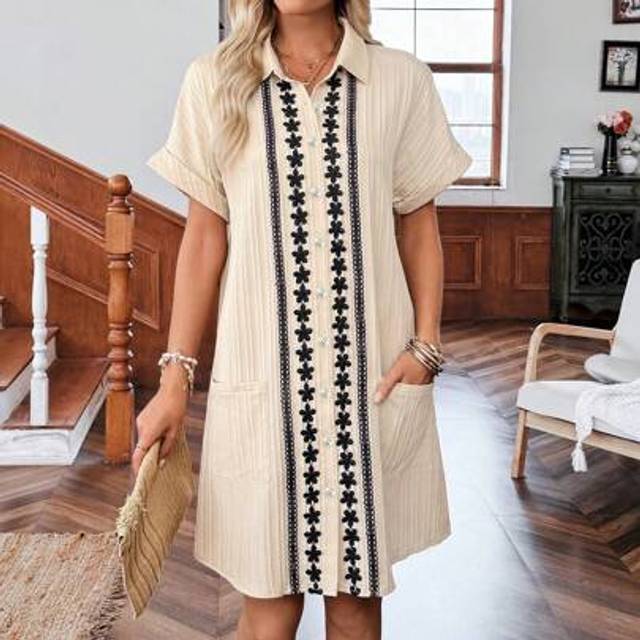 SHEIN Boho Summer Beach Vacation Embroidered Patch Loose Shirts Dress Vacation Dress Rave Outfits Bohemia Tea Party Dress Summer Dresses For Women