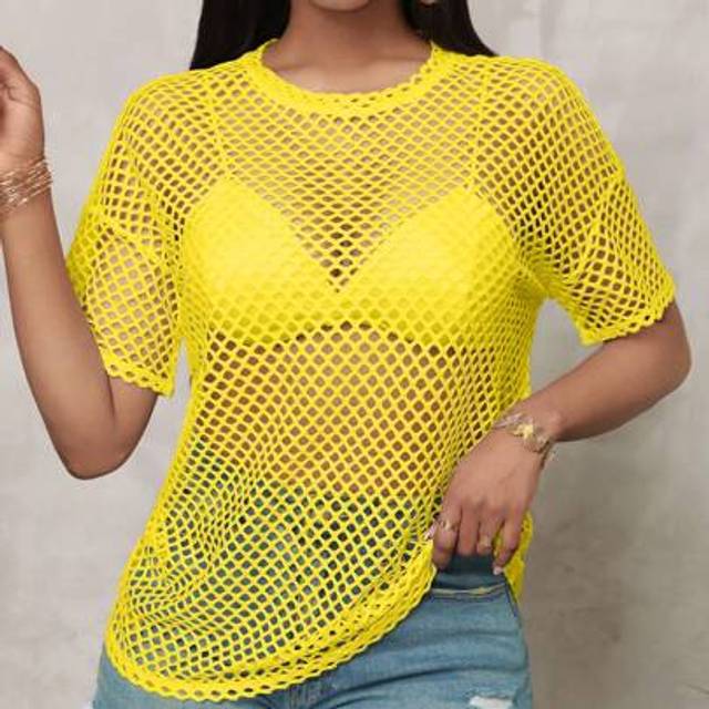 Slaydiva Plus Size Street Style Casual Semi-See-Through Loose Fit 3/4 Sleeve Round Neck Long T-Shirt, Spring Autumn