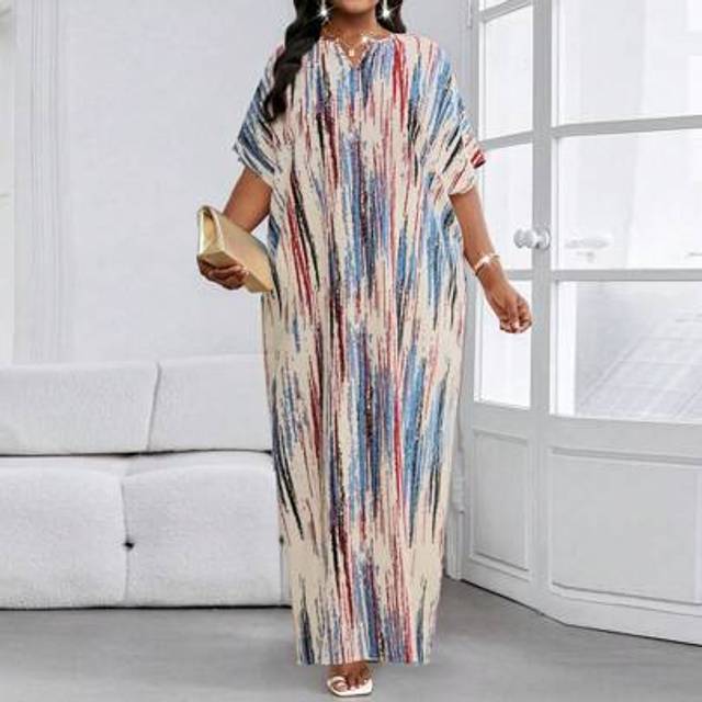 SHEIN Elegant Casual Work Party Striped Print V-Neck Three-Dimensional Butterfly Sleeves Women&#39;s Long Dress Plus Size Dress Easter Dress Women Beach Outfits