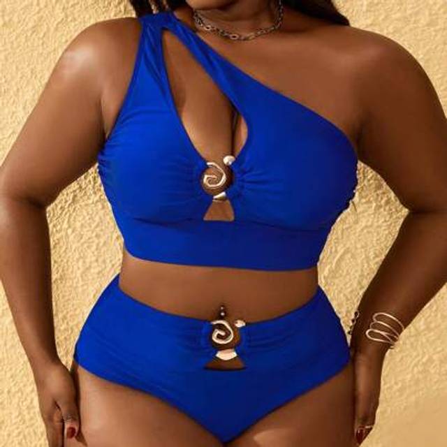 SHEIN Plus Size Women 2pcs Set One Shoulder Hollow High Waist Tankini Swimwear, Summer Beach Vacation