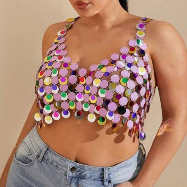 SHEIN Plus Size Pink Sequin Crop Top: Dazzling Contrast Sequin Party Cami With Spaghetti Straps For A Glamorous Night Out