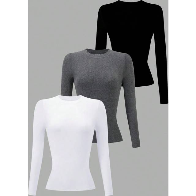 INAWLY 3 Pcs Women&#39;s Solid Color Long Sleeve Round Neck T-Shirts