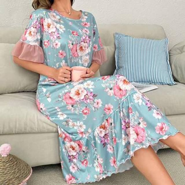 SHEIN Contrast Color Block Ruffle Trim Floral Print Maxi Nightgown Babydoll Perfect Summer, Vacation