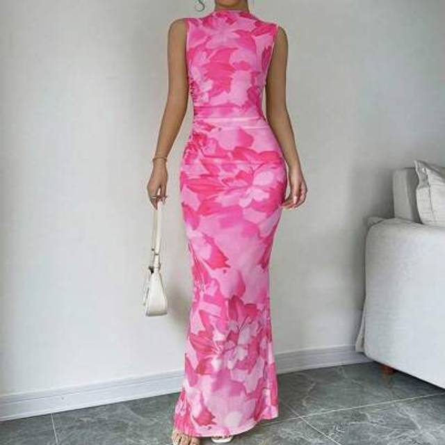 Rafferiza Women&#39;s Elegant Flower Print Cinched Waist Fish-Tail Dress, Summer Maxi Women Outfit