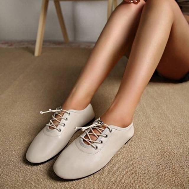 SHEIN New Apricot Leather Lace-Up Casual Ballet Flats For Women, Autumn/Winter