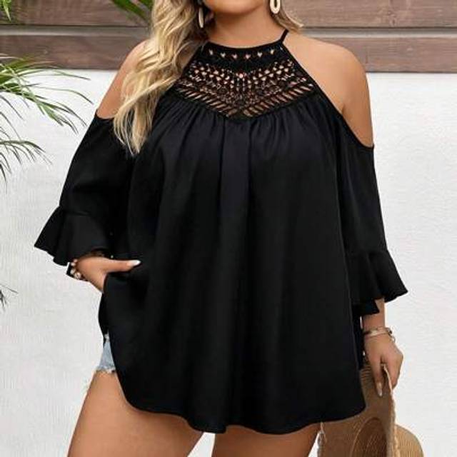 SHEIN Plus Size Women Lace Patchwork Off Shoulder Flare Sleeve Loose Black Blouse Boho Vacation