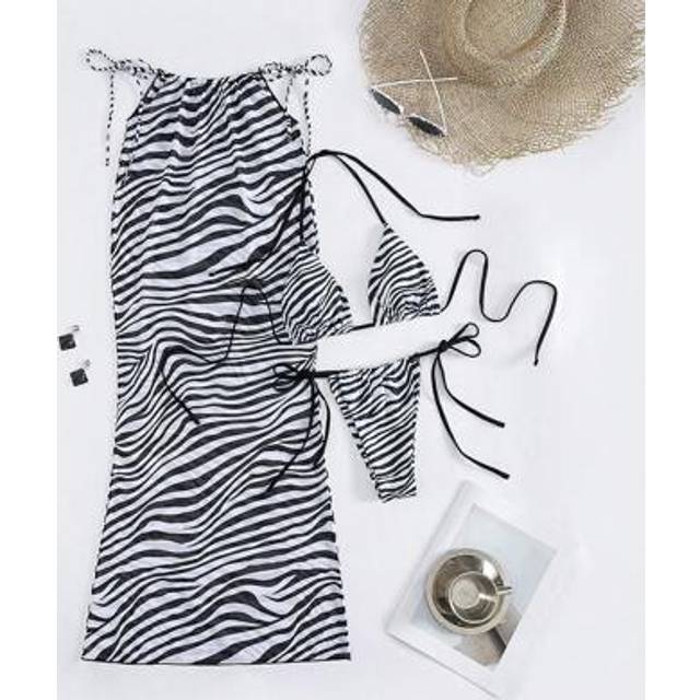 SHEIN New Soft Zebra Print Halter Tie Sexy Elegant 3-Piece Party Bikini Swimwear For Women, Summer Beach Fashion