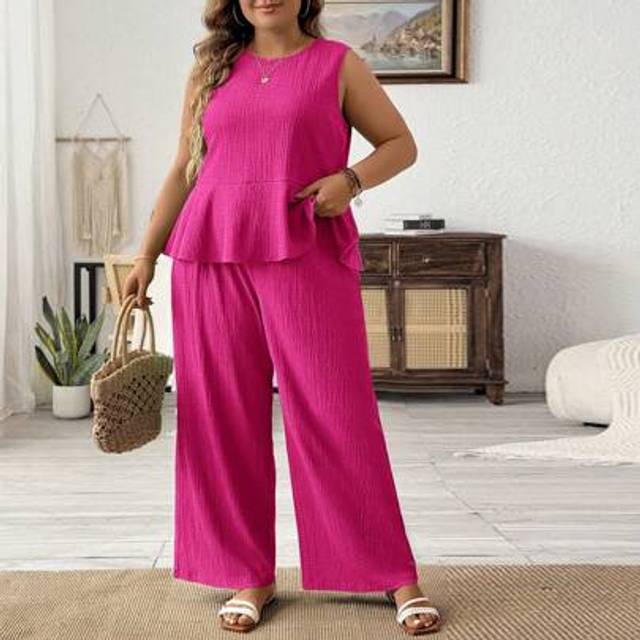 Luneh Plus Size Women 2pcs/Set Solid Color Round Neck Ruffle Hem Sleeveless Top And Wide Leg Pants Casual Suit