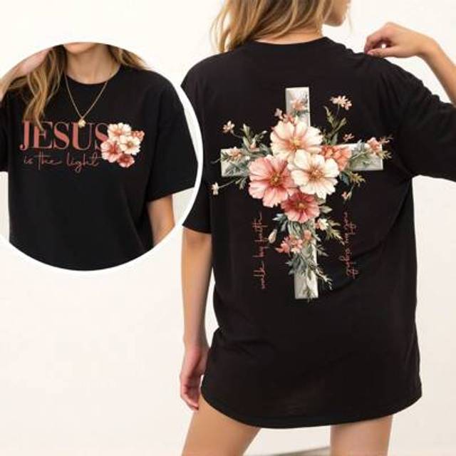 INAWLY Inspirational &#34;Jesus Is The Light&#34; Floral Christian T-Shirt, Loose Fit Round Neck Women Graphic Tee With Motto &#34;His Grace Is Sufficient&#34;