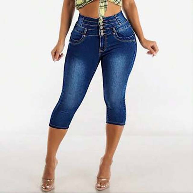 SHEIN Women&#39;s Single-Breasted Pocketted Tight Fit 3/4 Length Jeans