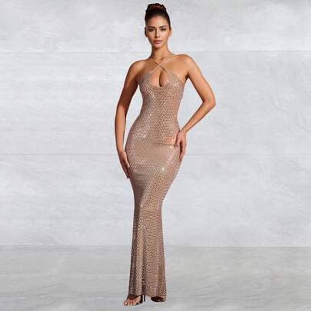 SHEIN Summer Halter Backless Elegant Sexy Rhinestone Glitter Wedding Guest Dress Women Birthday Party Evening Prom, Formal Dress,Gown