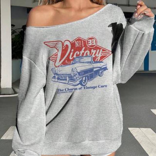 SHEIN Plus Size Women&#39;s Off Shoulder Loose Casual Minimalist Racing Car Pattern Long Sleeve Sweatshirt, Autumn/Winter
