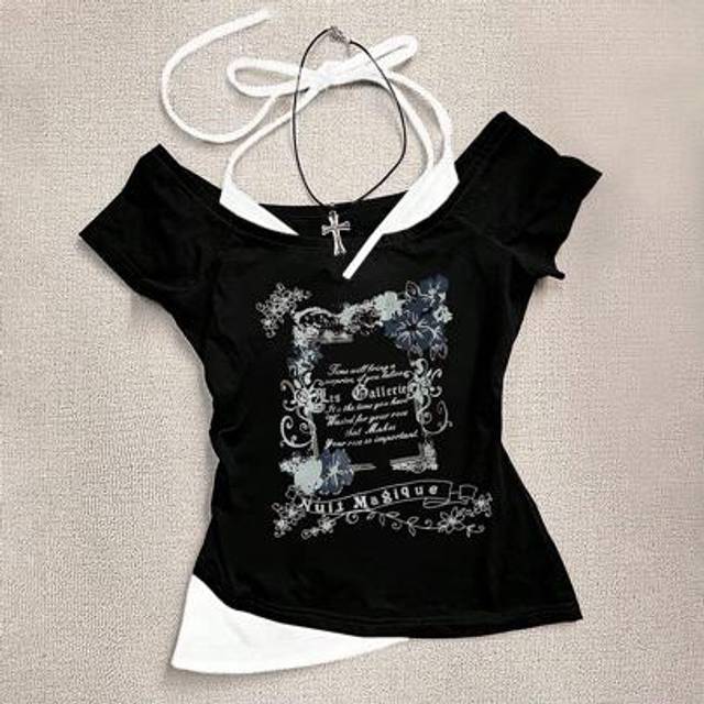 INAWLY Women&#39;s Summer Fashion Color-Block Slogan Graphic Print T-Shirt Top (2 In 1)