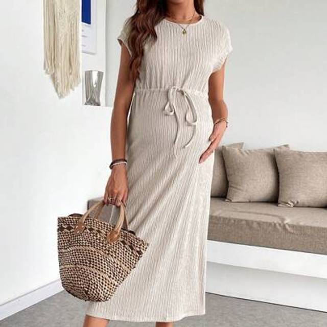 SHEIN Pregnant Women Solid Color Waisted Round Neck Batwing Short Sleeve Casual Dress Maternity Dress