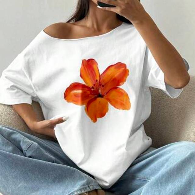 Flirla Women&#39;s Oversized Off Shoulder Loose T-Shirt, Floral Hibiscus Print, Short Sleeve, White