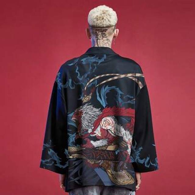 SHEIN Chinese Style Monkey King Printed Loose Fit Casual Robe Kimono For Men, Spring/Autumn/Winter
