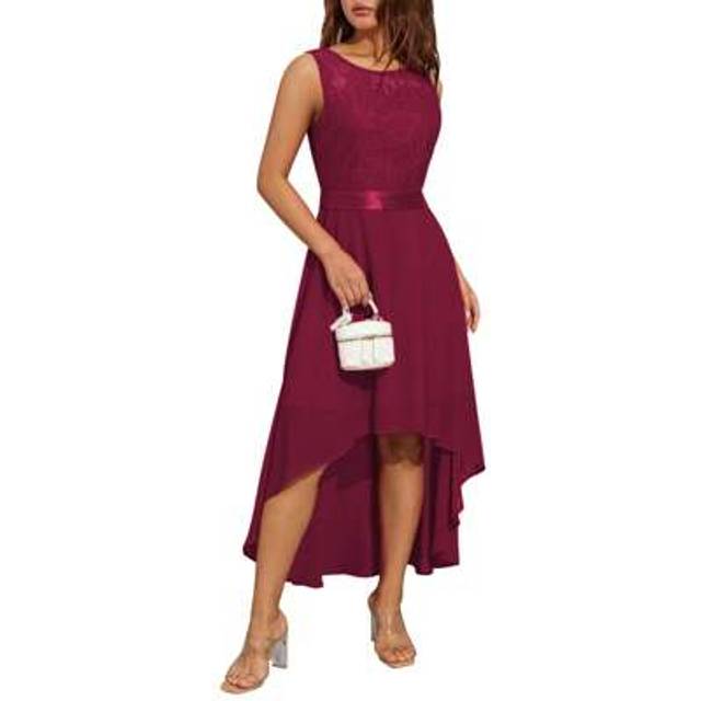 SHEIN Women Evening Party A-Line Dress Lace Patchwork Big Swing Chiffon Dress Summer Round Neck Sleeveless Irregular Hem Dress