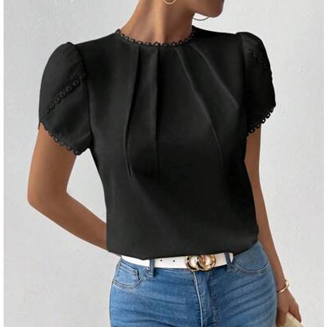Rafferiza Women&#39;s Elegant Casual Solid Color Lace Patchwork Ruffle Collar Bell Sleeve Blouse