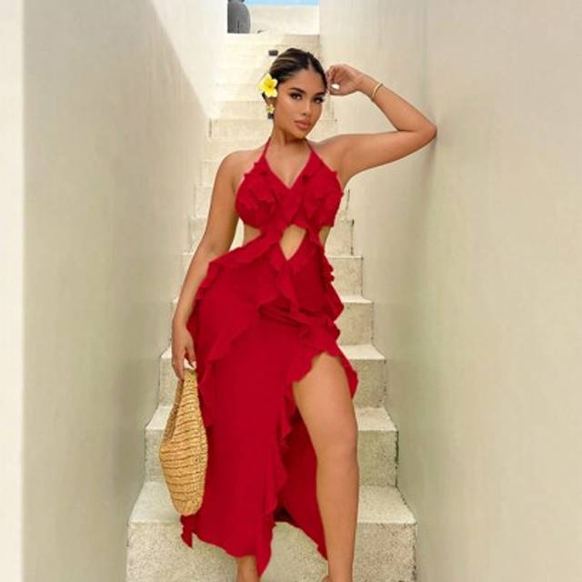SHEIN Summer Beach Spaghetti Straps Sleeveless Ruffle Hem Halterneck Hawaiian Backless Summer Dress,Sundress