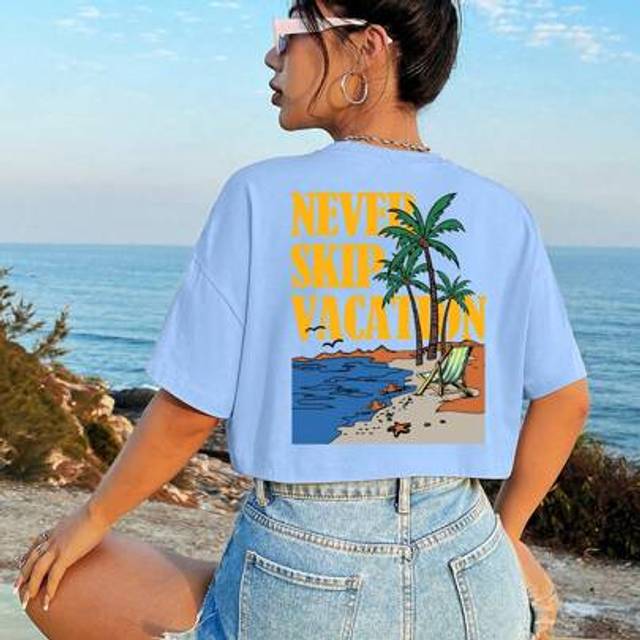 SHEIN Spring Break Casual Beach Holiday Graphic Round Neck Cropped Loose T-Shirt Top For Women, Summer Beach