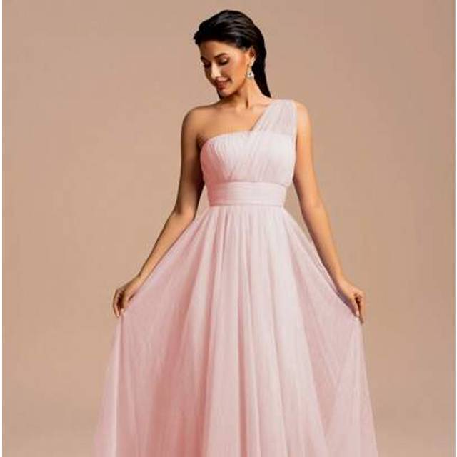 SHEIN Elegant Maxi Asymmetric Shoulder Net Tulle Bridesmaid Dress, Formal Party Wedding Gown