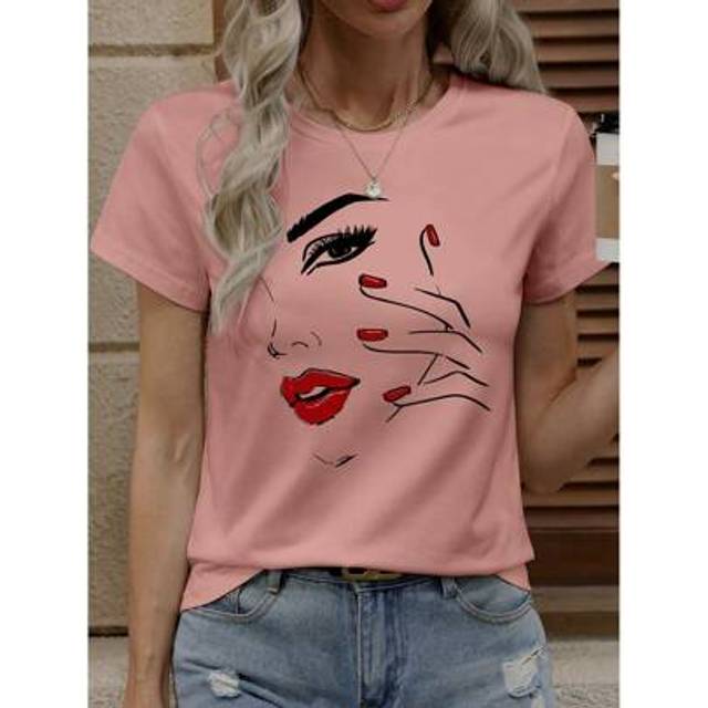 SHEIN Women Abstract Face Line Pattern Printed Casual Short Sleeve Round Neck T-Shirt
