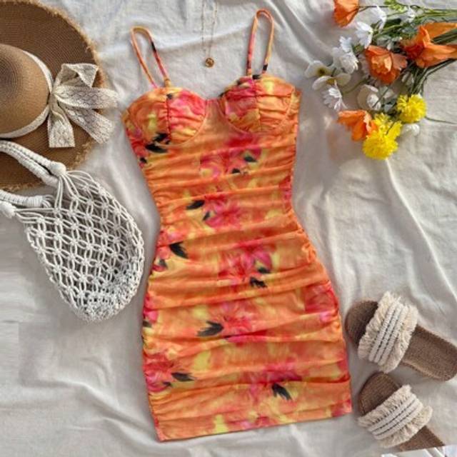 Soleia Floral Print Ruched Cami Mini Dress, Vacation Beach Holiday Party Date Summer Dress For Valentine&#39;s Day